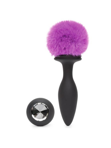 Wibrująca Zatyczka Z Ogonkiem I Kryształkiem Vibrating Butt Plug Black Medium Happy Rabbit