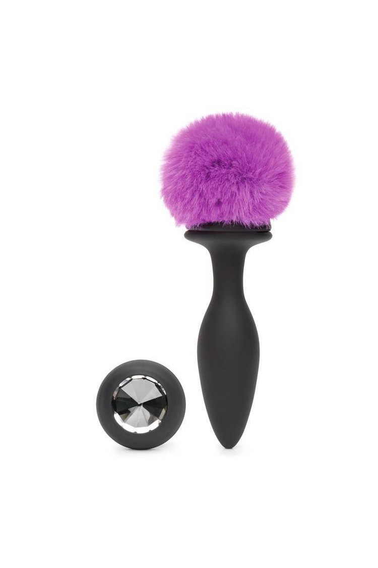 Wibrująca Zatyczka Z Ogonkiem I Kryształkiem Vibrating Butt Plug Black Medium Happy Rabbit