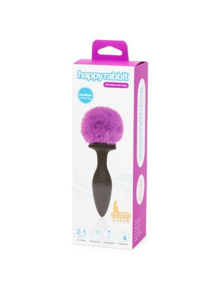 Wibrująca Zatyczka Z Ogonkiem I Kryształkiem Vibrating Butt Plug Black Medium Happy Rabbit