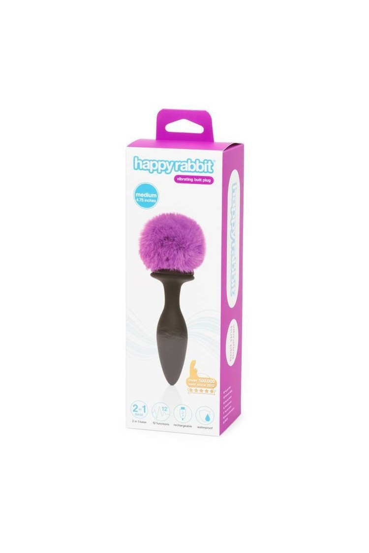 Wibrująca Zatyczka Z Ogonkiem I Kryształkiem Vibrating Butt Plug Black Medium Happy Rabbit