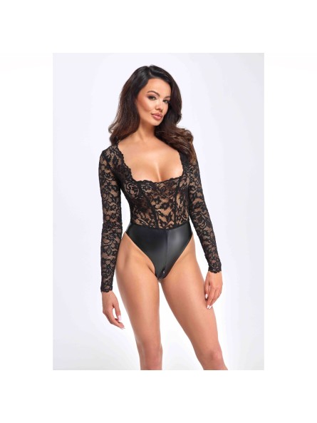 Body F296 Psyche bodysuit of lace and wetlook XL Noir Handmade