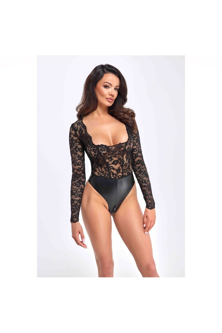 Body F296 Psyche bodysuit of lace and wetlook XL Noir Handmade