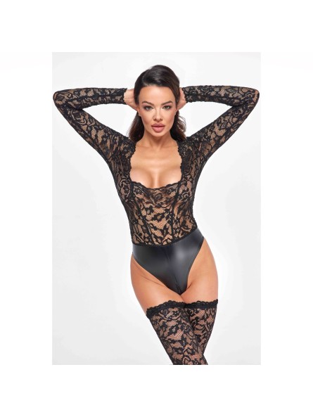 Body F296 Psyche bodysuit of lace and wetlook XL Noir Handmade