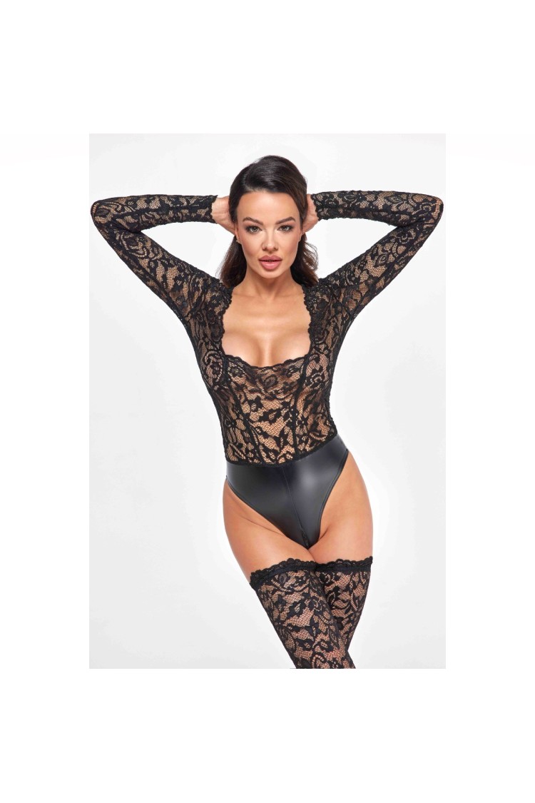 Body F296 Psyche bodysuit of lace and wetlook XL Noir Handmade