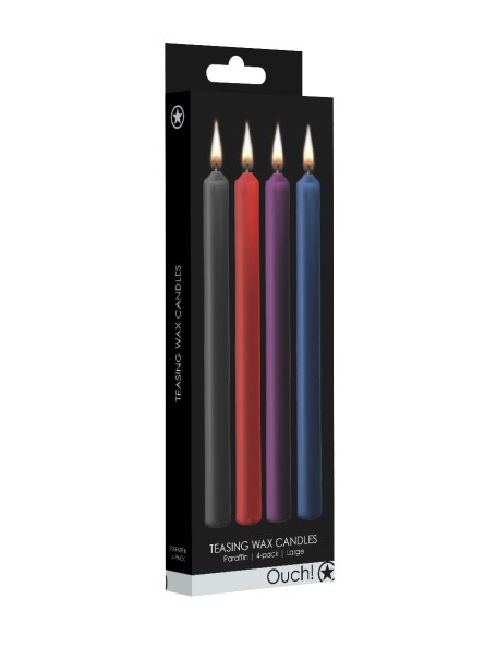 Teasing Wax Candles Large 4-Pack Mixed Color - Wielokolorowy Zestaw Długich Świec Do Bdsm Ouch! by Shots