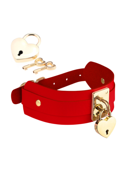 Obróżka Z Kłódką Heart Lock & Key Collar Burgundy/Gold Kinky Diva