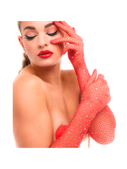 Rękawiczki Z Cyrkoniami Starlet Gloves Red/Rhinestones Kinky Diva