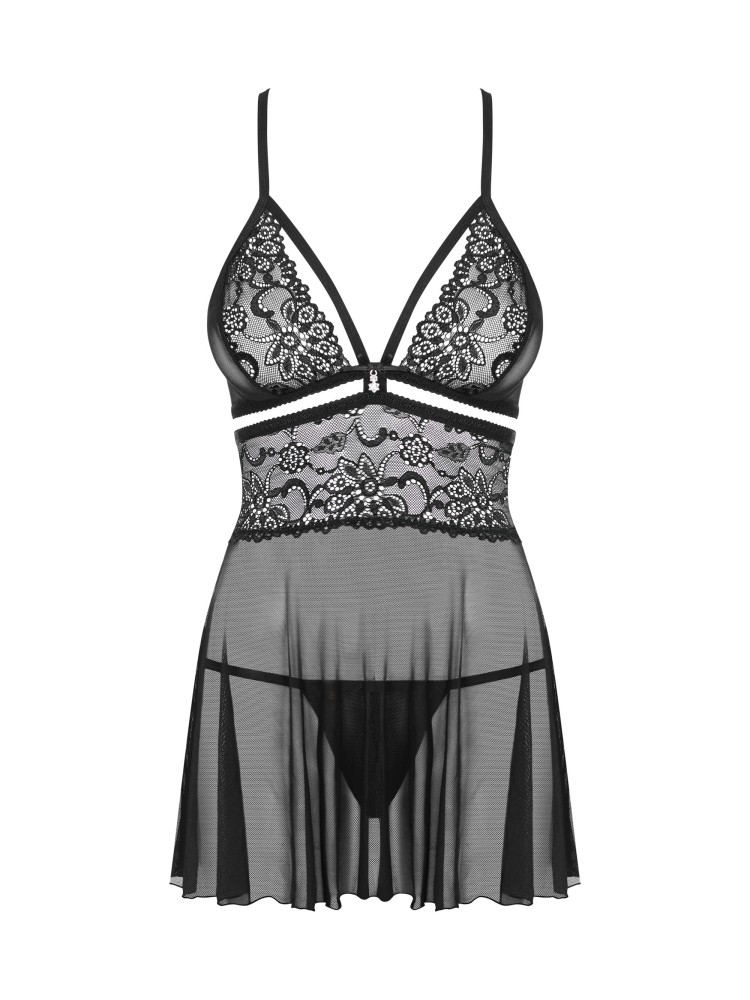 838-Bab-1 Babydoll Ze Stringami Czarny S/M Obsessive