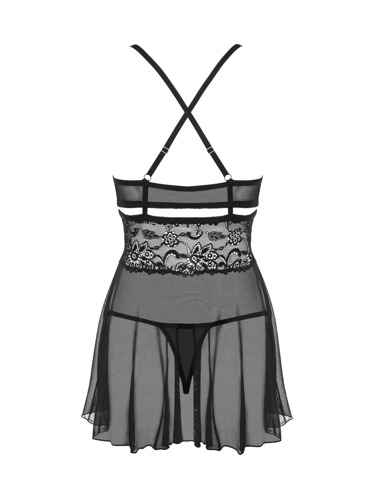 838-Bab-1 Babydoll Ze Stringami Czarny L/Xl Obsessive
